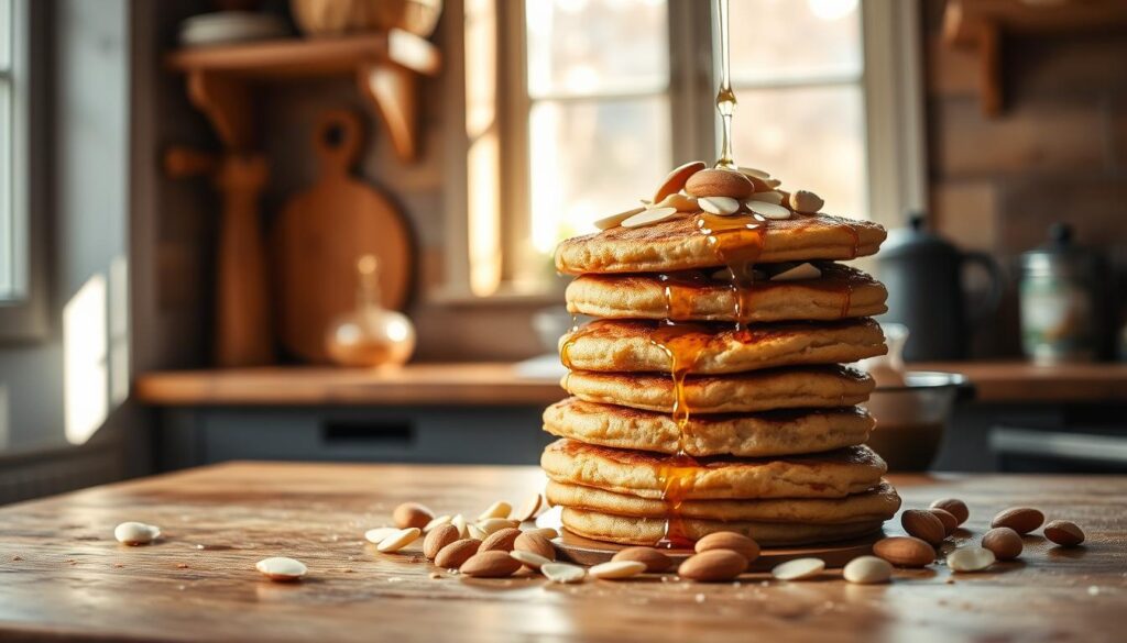 A rustic kitchen countertop with a stack of freshly baked flapjacks, drizzled with honey and garnished with sliced almonds. The flapjacks have a golden-brown hue, indicating they were made without the use of golden syrup. Warm sunlight streams in through a nearby window, casting a soft, natural glow over the scene. The overall atmosphere is cozy and inviting, showcasing the simplicity and homemade charm of this flapjack recipe that forgoes the traditional golden syrup.