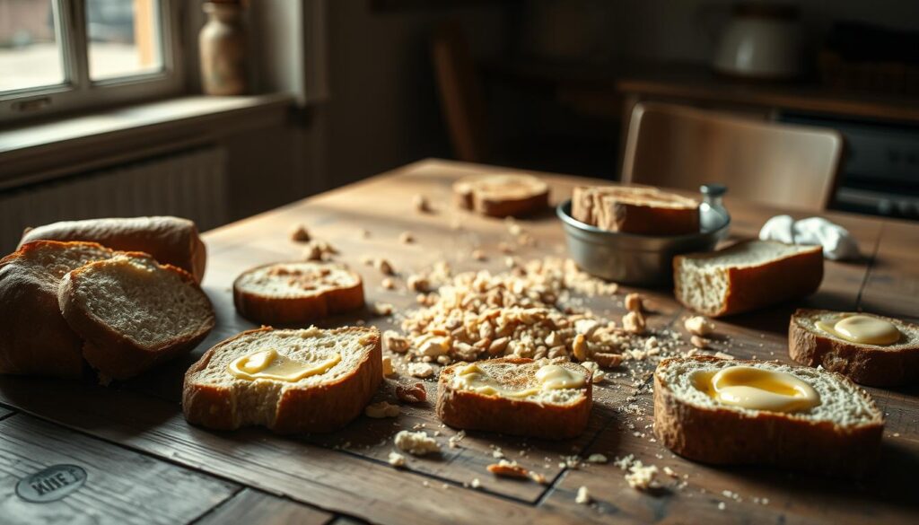 A rustic kitchen table, the surface littered with common bread and butter pudding mistakes - an undercooked center, soggy bread, curdled custard, and a haphazard arrangement of ingredients. Soft natural light filters through a nearby window, casting subtle shadows and highlighting the textural imperfections. The overall scene conveys a sense of culinary mishaps, a cautionary tale for the aspiring home chef. A moody, desaturated color palette lends an air of introspection, inviting the viewer to learn from these visual cues and avoid the pitfalls of this beloved dessert.