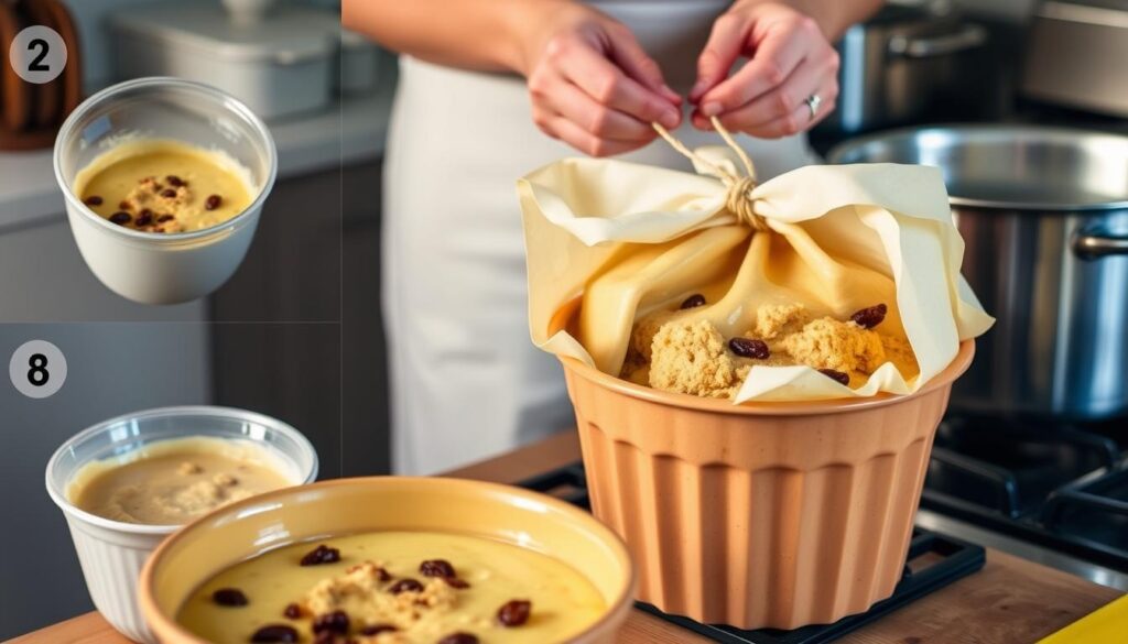 A step-by-step guide to making homemade spotted dick, a classic British steamed pudding. In the foreground, freshly mixed batter with raisins and breadcrumbs is poured into a buttered pudding basin. In the middle ground, a cook's hands tie the pudding basin with string and secure a parchment paper lid. In the background, a stove simmers with a large pot of water, ready to steam the pudding. Soft, warm lighting illuminates the scene, conveying the comforting and homey atmosphere of traditional British baking.