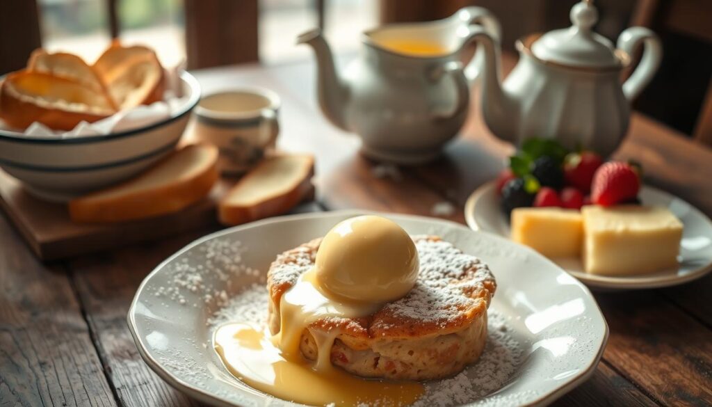 A sumptuous bread and butter pudding, served on a rustic wooden table, bathed in soft natural light. In the foreground, the steaming, golden-brown pudding is adorned with a dusting of powdered sugar and a scoop of rich, creamy custard cascading over the edges. Surrounding the dish, a selection of complementary pairings - buttery brioche slices, fresh berries, a pitcher of warm custard, and a classic English tea set, creating an inviting and elegant scene that beckons the senses. The composition is balanced, with the pudding as the focal point, while the supporting elements enhance the overall presentation. This image evokes the comforting and refined essence of the "Serving Suggestions and Pairings" section of the article.