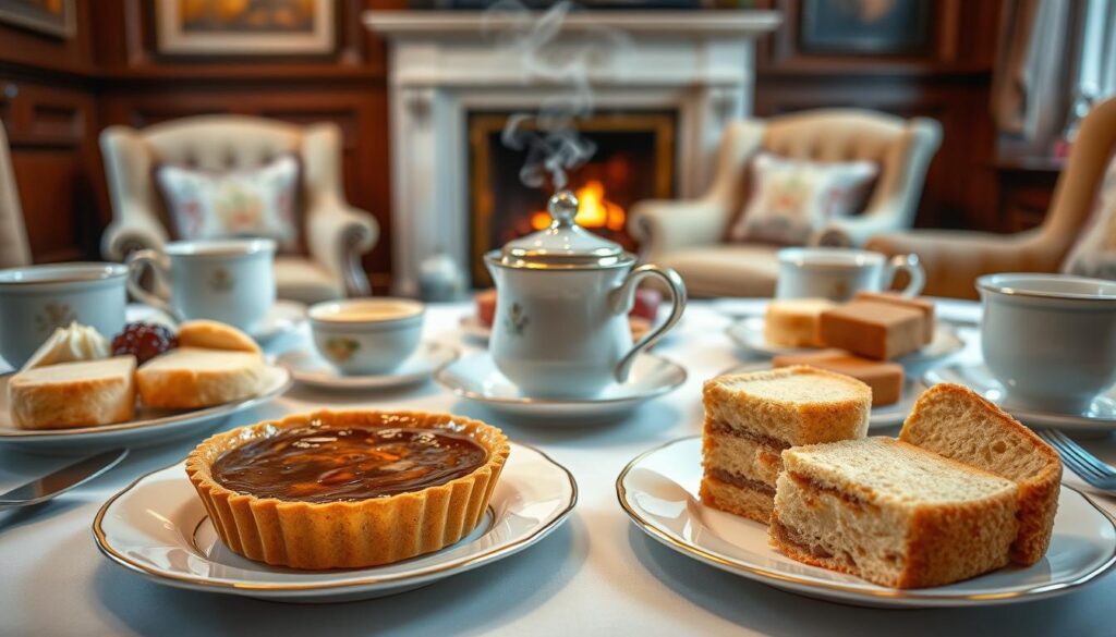 A traditional British dessert table, elegantly set with fine china and gleaming silverware. In the foreground, a classic treacle tart, its golden crust and sticky filling glistening under soft, warm lighting. Surrounding it, an array of complementary delights - crumbly scones with clotted cream and jam, a tower of buttery shortbread biscuits, and delicate slices of rich Victoria sponge cake. In the middle ground, a steaming pot of fragrant Earl Grey tea, its steam rising into the air. The background features a cozy, wood-paneled room with plush armchairs and a roaring fireplace, creating a quintessentially British atmosphere of comfort and indulgence.