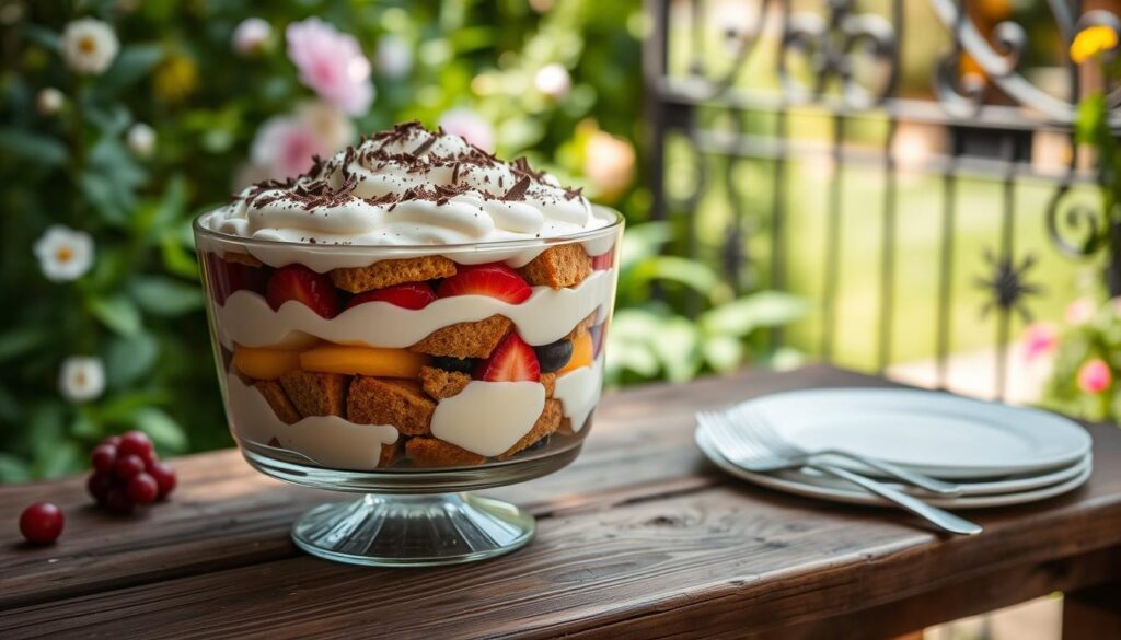 A traditional British trifle, showcased on a rustic wooden table in a lush English garden. The dessert's layers of custard, fruit, and sponge cake are meticulously arranged, topped with a luscious cream topping and a dusting of chocolate shavings. Soft, natural lighting illuminates the scene, casting gentle shadows and highlighting the intricate textures. The backdrop features a verdant garden setting, with blooming flowers and a glimpse of a wrought-iron garden gate, creating a charming, quintessentially British atmosphere.