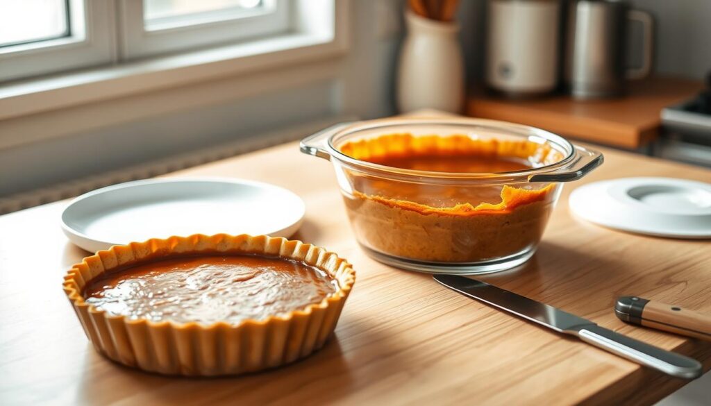 A warm, cozy kitchen counter, bathed in soft natural light from a nearby window. On the counter, a glass container filled with the rich, amber-colored treacle tart, its surface glistening. Nearby, a clean, white ceramic dish stands ready to hold the tart, awaiting its transfer for storage. The tart's flaky, golden crust contrasts beautifully with the deep, molasses-like filling. Carefully positioned kitchen tools, such as a spatula and a paring knife, suggest the recent preparation of this delightful dessert. The scene exudes a sense of domestic tranquility and the anticipation of savoring the tart's delicious flavors.