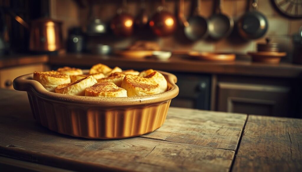 A warm, golden-hued vintage scene showcasing the rich history of bread and butter pudding. In the foreground, a classic earthenware dish filled with the iconic dish, its surface adorned with a dusting of cinnamon. Behind it, a weathered, wooden table surface with a worn, textured appearance, hinting at the timeless tradition of this comforting dessert. In the background, a softly lit, cozy kitchen interior with copper pots and pans hanging on the walls, evoking a sense of nostalgia and homely comfort. The lighting is soft and diffused, creating a mellow, inviting atmosphere that captures the essence of this beloved culinary legacy.