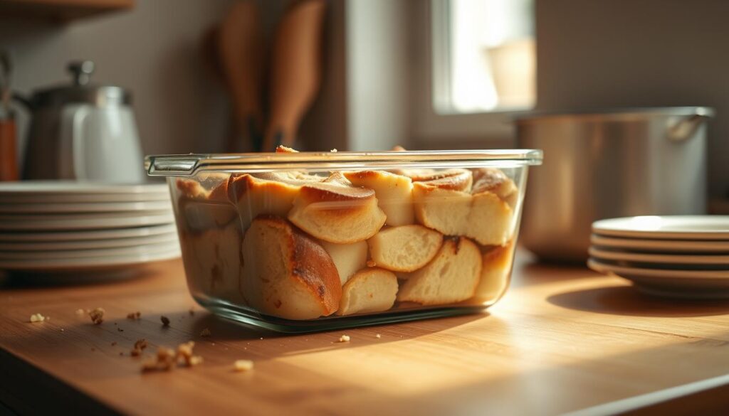 A warm, inviting kitchen scene with a glass storage container filled with freshly baked bread and butter pudding. The container sits on a wooden counter, surrounded by a few scattered crumbs and a small stack of clean plates, hinting at the recent indulgence. Soft, natural lighting filters in from a nearby window, casting a cozy glow over the scene. The pudding's golden-brown surface reflects the light, enticing the viewer to imagine the satisfying flavors and textures within. The overall atmosphere conveys a sense of homey comfort and the anticipation of future enjoyment of this delectable dessert.