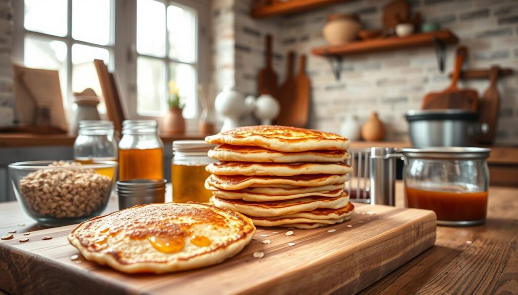 A warm, rustic kitchen interior with natural light streaming through a window. In the foreground, a wooden cutting board displays a stack of golden-brown flapjacks, their edges crisp and caramelized. Surrounding the flapjacks are various ingredients: a bowl of rolled oats, a jar of honey, and a small saucepan filled with a thick, amber-colored syrup, hinting at a maple or caramel-based alternative to golden syrup. The middle ground features a vintage-inspired kitchen scale, a mixing bowl, and a wire whisk, suggesting the hands-on process of creating these flapjacks without relying on a store-bought syrup. The background showcases simple, earthy decor, such as exposed wooden beams and a rustic, whitewashed brick wall, adding to the warm, homey atmosphere.