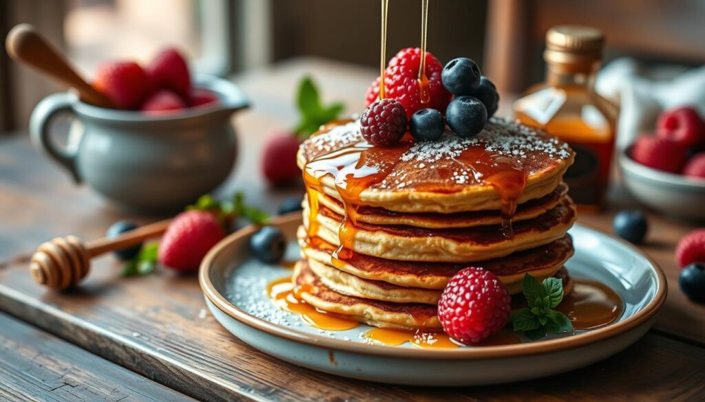 A warm, soft, and golden flapjack stack with a hearty, wholesome texture, drizzled with a luscious honey glaze, and garnished with fresh berries, nestled on a rustic wooden table, bathed in natural, soft lighting, creating a cozy, inviting atmosphere, showcasing a healthier, homemade flapjack recipe without relying on golden syrup.