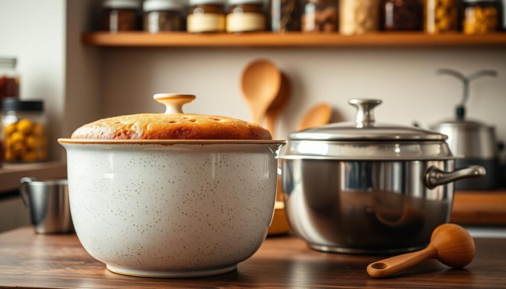 A warm, soft-lit kitchen scene showcasing the essential equipment for making the classic British Spotted Dick pudding. In the foreground, a large ceramic pudding basin, its exterior adorned with a delicate spotted pattern, stands ready to hold the rich, steamed sponge cake. Beside it, a stainless steel pudding steamer with a tight-fitting lid, its gleaming surfaces reflecting the gentle kitchen light. In the middle ground, a wooden spoon and a measuring cup, signifying the careful preparation required. The background features shelves lined with jars of dried fruits, spices, and other baking essentials, creating a cozy, homely atmosphere. The overall composition conveys the timeless tradition and comforting simplicity of this beloved British dessert.