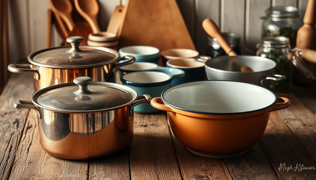 A well-lit, high-angle shot of an assortment of traditional cooking vessels on a rustic wooden table. In the foreground, a gleaming copper saucepan, a heavy-bottomed cast-iron pot, and a vintage enamel mixing bowl. In the middle ground, a set of mismatched ceramic ramekins and a stainless-steel sieve. In the background, a collection of wooden spoons, a rolling pin, and a glass jar filled with aromatic herbs. The lighting is warm and natural, casting gentle shadows and highlighting the textures and colors of the kitchenware. The overall mood is one of timeless, homely comfort, evoking the cozy atmosphere of a traditional British kitchen.