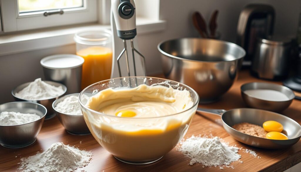 A well-lit kitchen counter, filled with the tools and ingredients for baking a classic Victoria Sponge Cake. In the foreground, a mixing bowl overflows with a luscious, creamy batter - eggs, sugar, and butter whipped to a light and airy consistency. Surrounding the bowl, neatly arranged are sifted flour, baking powder, and a dusting of vanilla sugar. In the middle ground, a hand-held electric mixer stands ready, its beaters poised to continue the gentle incorporation of the dry and wet ingredients. Soft, natural light floods the scene, highlighting the rich golden hue of the batter and the subtle sheen of the kitchen utensils. An atmosphere of homely comfort and culinary anticipation pervades the image, inviting the viewer to imagine the delicious Victoria Sponge Cake soon to emerge from the oven.