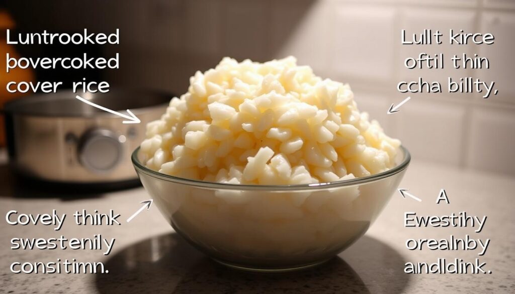 A well-lit kitchen counter with a prominent central rice pudding dish, surrounded by common mistakes like undercooked or overcooked rice, lumpy texture, overly thick or thin consistency, and excessive sweetness or blandness. Subtle shadows and highlights accentuate the textures, with a soft, warm color palette reflecting the comforting nature of this classic dessert. The overall composition conveys a sense of cautionary guidance, guiding the viewer to avoid these pitfalls for a perfectly creamy, delicious rice pudding.