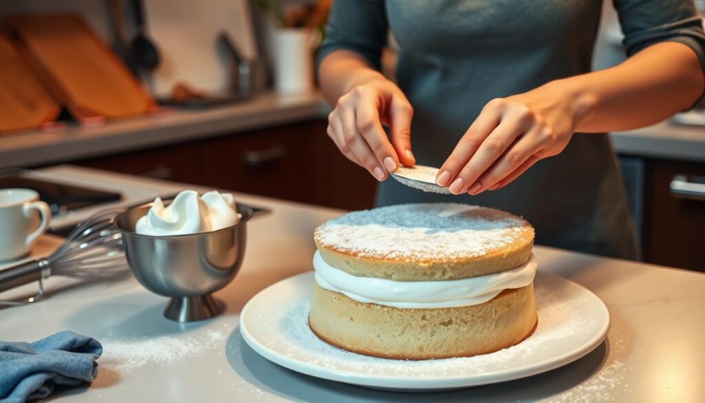 A well-lit kitchen counter, with a soft, warm glow illuminating the ingredients and tools for assembling a classic Victoria sponge cake. In the foreground, a pair of delicate hands carefully place two sponge cake layers on a large, round serving plate, preparing to fill the center with a generous layer of fresh whipped cream. Beside the plate, a sifter dusts powdered sugar over the top, creating a snowy, cloud-like finish. In the middle ground, a variety of baking tools, such as a whisk, spatula, and mixing bowl, are neatly arranged, hinting at the care and precision required to create this timeless British dessert. The background features a subtly blurred, cozy kitchen setting, evoking a sense of homemade comfort and tradition.