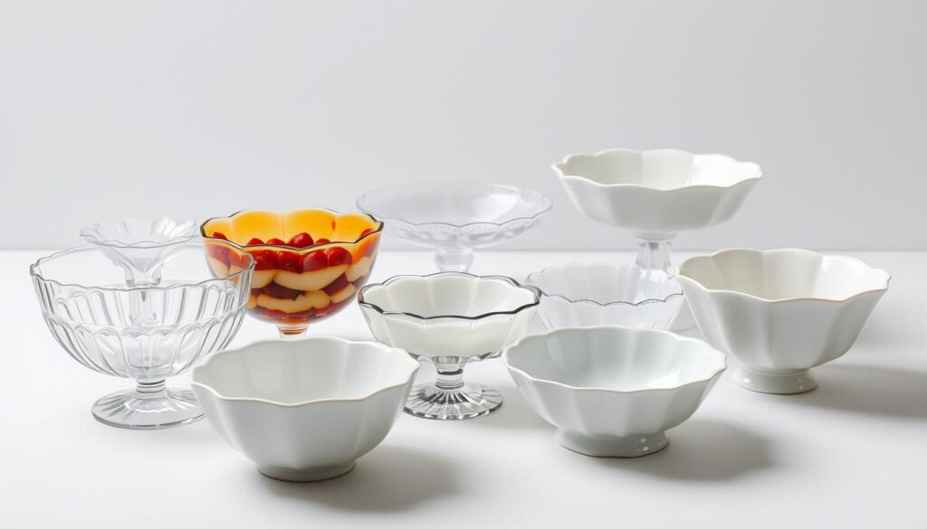 A well-lit studio shot of an elegant selection of various trifle bowls in different shapes, sizes, and materials - glass, ceramic, and porcelain. The bowls are arranged on a simple white surface, allowing their beautiful forms and textures to shine. The lighting is soft and even, creating subtle shadows that accentuate the contours of the vessels. The composition is balanced, with the bowls placed in a visually pleasing arrangement that draws the eye to the center. The overall mood is one of refined simplicity, highlighting the timeless appeal of these classic British dessert dishes.