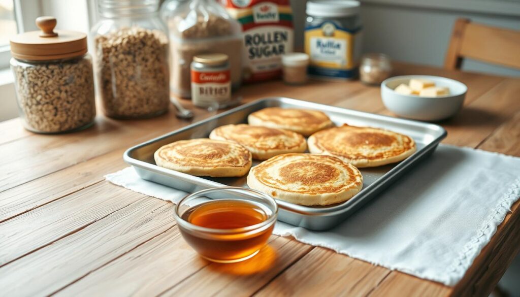 A wooden kitchen table with a bright white tablecloth, on which sits a freshly baked tray of golden-brown flapjacks, steaming and fragrant. In the foreground, a small bowl of honey and a drizzle spoon, creating a natural, organic scene. Behind the flapjacks, a collection of pantry ingredients like rolled oats, brown sugar, and butter, neatly arranged. The lighting is soft and natural, with a warm, inviting tone that enhances the homemade, comforting atmosphere. The camera angle is slightly elevated, allowing the viewer to admire the tempting flapjacks from an appetizing perspective.
