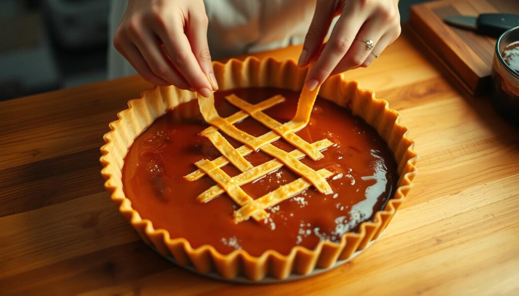 Assembling a homemade treacle tart in a cozy kitchen. A golden pastry crust on a wooden countertop, filled with a glistening amber treacle mixture. Hands carefully arranging thin pastry strips in a lattice pattern over the top. Warm, soft lighting illuminates the process, casting a gentle glow. The scene exudes the comforting aroma of baking, inviting the viewer to imagine the rich, sweet flavors to come. A traditional British bake captured in a moment of careful preparation, ready to be enjoyed.