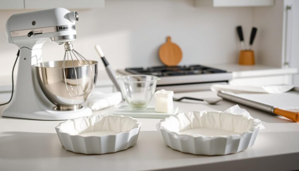 High-quality, high-resolution image of a well-lit, pristine white kitchen countertop filled with the essential equipment for making a classic pavlova dessert, including a stand mixer with whisk attachment, a handheld electric whisk, a large mixing bowl, a sifter, a pastry bag with star tip, a spatula, a serrated knife, and a baking sheet with a parchment-lined pavlova mold. The foreground is in focus, with the background softly blurred. The lighting is natural and evenly distributed, creating a clean, airy, and inviting atmosphere.