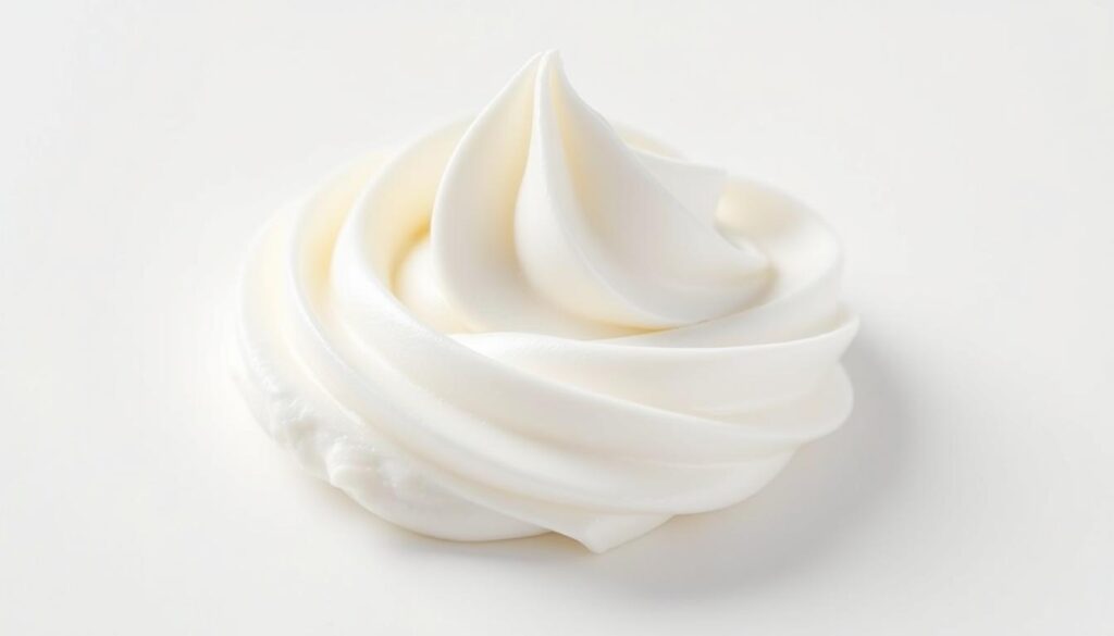 a close-up of a dollop of fresh, creamy whipped cream with a soft, fluffy texture, set against a plain white background with soft, even lighting from the side, capturing the subtle sheen and peaks of the cream in high detail, highlighting its rich, indulgent appearance and inviting the viewer to imagine its velvety mouthfeel and sweet flavor
