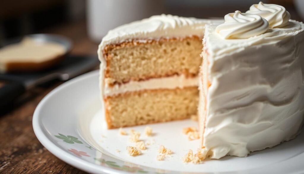 a close-up view of a table with a partially cut victoria sponge cake, revealing the interior layers of sponge cake and cream filling. the cake is situated on a white plate, with some crumbs and frosting visible around the slice. the lighting is soft and diffused, highlighting the delicate texture of the cake. the background is slightly blurred, creating a sense of focus on the cake itself. the overall mood is one of close inspection and troubleshooting, with the viewer examining the details of the cake for any issues or problems.