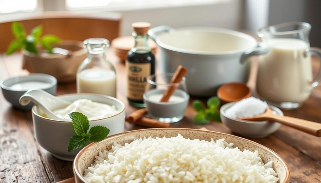 a detailed still life shot of traditional ingredients for classic british rice pudding, placed on a rustic wooden table in soft natural lighting. in the foreground, a bowl of short-grain white rice, a small jug of cream, and a sprig of fresh mint. in the middle ground, a glass jar of vanilla extract, a stick of cinnamon, and a small bowl of sugar. in the background, a vintage-style enamel pot, a wooden spoon, and a small pitcher of full-fat milk. the overall scene has a cozy, homemade feel with a warm, inviting color palette.